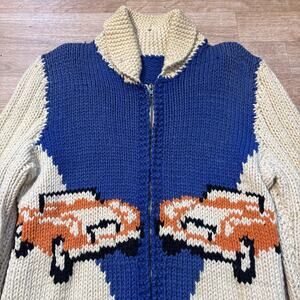 Vintage 50s Race Car Cowichan Sweater Cardigan Wool Shawl Collar Rockabilly S M